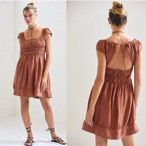 Anthropologie Linen Blend Smocked-Waist Boho Cottagecore Mini Dress size M